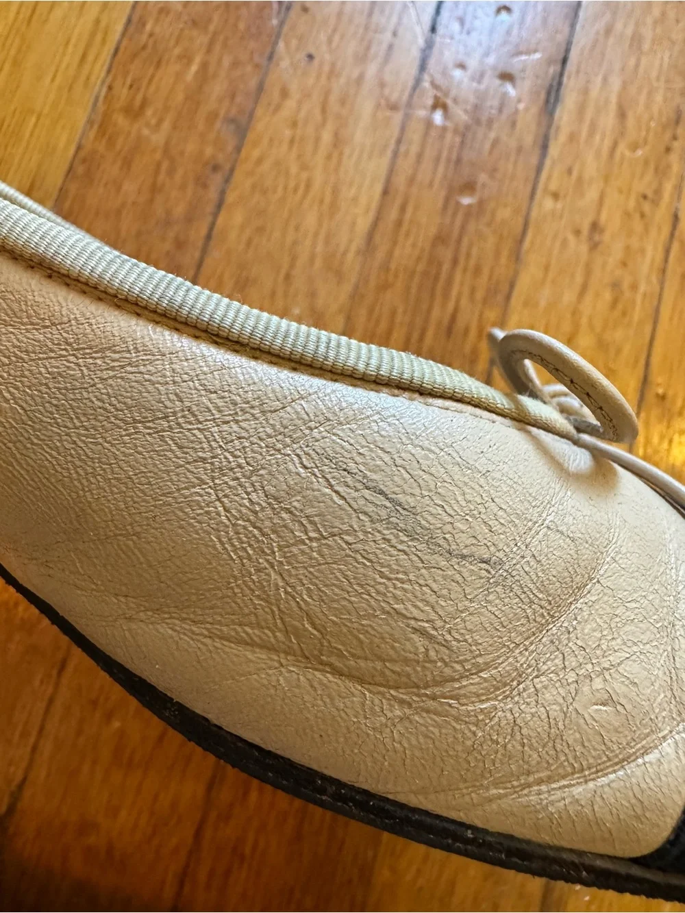 CHANEL Beige Leather Ballet Flats with Black Cap Toe and Bow size 42